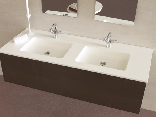 Plan vasque lavabo sur mesure : L 120 à 201 x P 40 à 51 cm, finition lisse mate, 10 couleurs au choix, Anti bactérien, résine Akrytan® teinté dans la masse, Livraison Offerte.